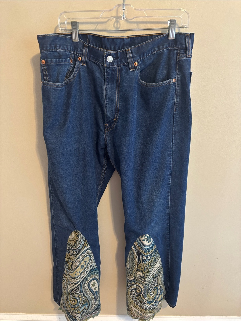 Levi's 505 Jeans 36x30 Custom Paisley Fabric Flare Bell Bottoms Straight Leg
